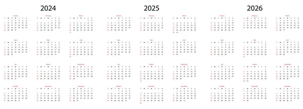 Takvim 2024 Takvim 2025 Takvim 2026 — Stok Vektör