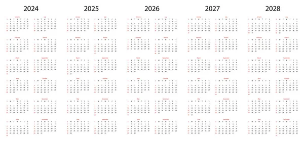 Set Calendar 2024 2028 Years — Stock Vector