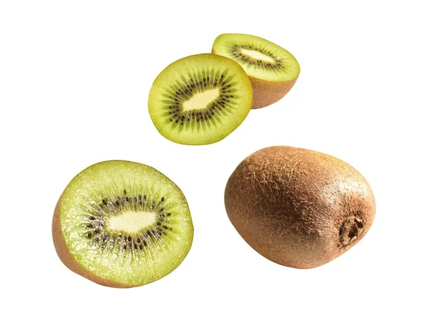 Green kiwi slice isolated with clipping path in white background, no shadow, fresh fruit