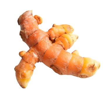 Beyaz arkaplanda zerdeçal (Curcuma longa Linn) rhizome (root) izole edilmiş, kırpma yolu olan gölge yok