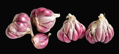 Sarımsak izole, siyah arka planda yemek malzemesi, gölge yok, kırpma yolu yok.