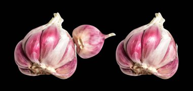 Sarımsak izole, siyah arka planda yemek malzemesi, gölge yok, kırpma yolu yok.