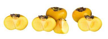 Kavrulmuş hurma, taze Kore portakalı hurması kırpma yolu, beyaz arka planda gölge yok.