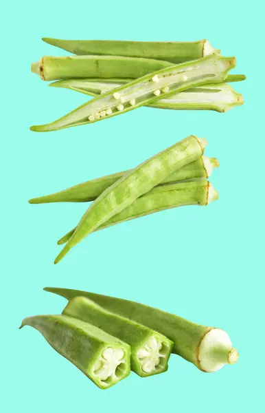 Πράσινη Μπάμιες Απομονωμένες Μονοπάτι Πράσινο Φόντο Χωρίς Σκιά Υγιή Λαχανικά — Φωτογραφία Αρχείου