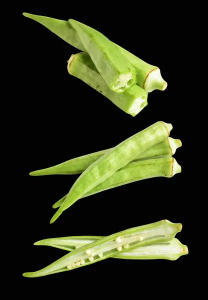 Green Okra Isolated Clipping Path Black Background Shadow Healthy Vegetables — Stock Photo, Image