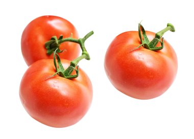 Kesme yolu olan domatesler, beyaz arka planda gölge yok, kırmızı domatesler.
