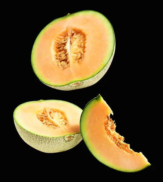 Cantaloupe Melon Japanese Fruit Isolated Clipping Path Shadow Black Background — Stock Photo, Image