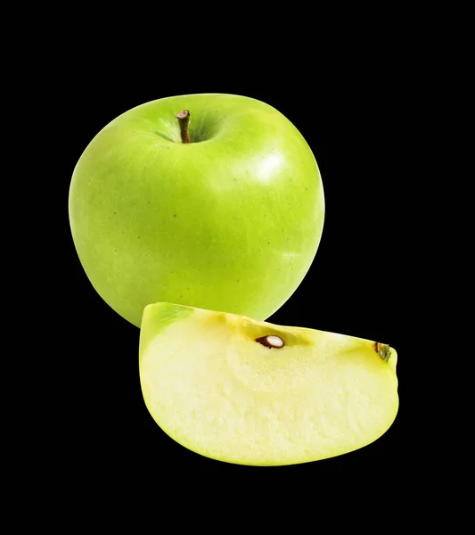 Зелені Шматочки Яблука Шматочки Ізольовані Відсічним Контуром Чорному Фоні Тіні — стокове фото