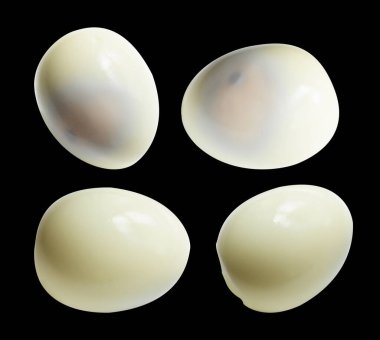 Kaynamış yumurta kırpma yolu ile izole edilmiş, siyah arka planda gölge yok, tavuk yumurtası