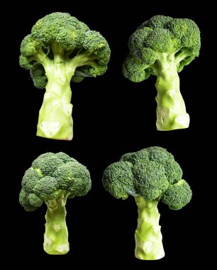 Brokoli ya da karnabahar kesme yolu ile izole siyah arka plan, gölge yok, yemek malzemeleri, sağlıklı sebzeler