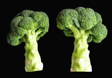 Brokoli ya da karnabahar kesme yolu ile izole siyah arka plan, gölge yok, yemek malzemeleri, sağlıklı sebzeler