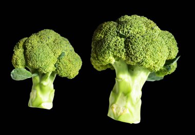 Brokoli ya da karnabahar kesme yolu ile izole siyah arka plan, gölge yok, yemek malzemeleri, sağlıklı sebzeler