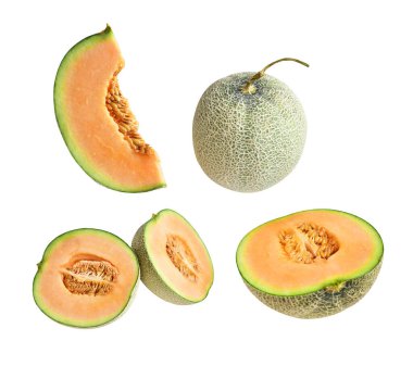 Kavun kavunu Japon meyvesi kırpma yolu ile izole edilmiş, beyaz arka planda gölge yok.