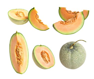 Kavun kavunu Japon meyvesi kırpma yolu ile izole edilmiş, beyaz arka planda gölge yok.