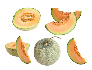Kavun kavunu Japon meyvesi kırpma yolu ile izole edilmiş, beyaz arka planda gölge yok.