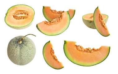 Kavun kavunu Japon meyvesi kırpma yolu ile izole edilmiş, beyaz arka planda gölge yok.