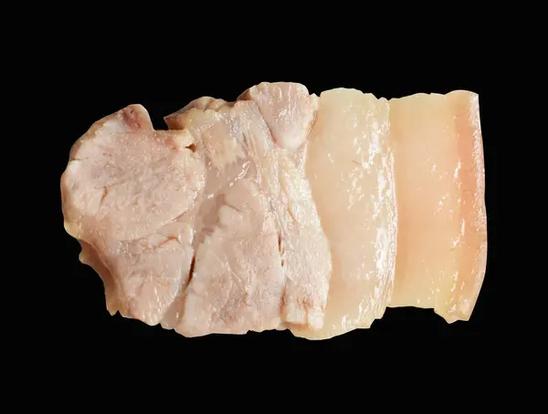 Gekookte Buik Varkensvlees Plak Stuk Geïsoleerd Met Clipping Pad Geen — Stockfoto