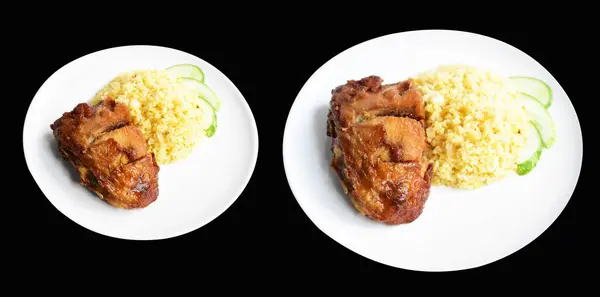 Fried Chicken Rice Isolated White Dish Clipping Path Shadow Black — Stock Photo, Image