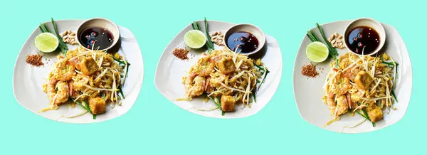 レモンとソース タイスタイル アジア料理 緑の背景にクリッピングパス付きの影で おいしいエビと白の料理と分離されたパッドタイ麺 — ストック写真