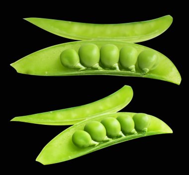 Kesme yolu olan yeşil bezelyeler, siyah arkaplanda gölge yok, yemek malzemesi