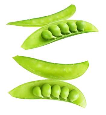 Kırpma yolu olan yeşil bezelyeler, beyaz arkaplanda gölge yok, yemek malzemesi