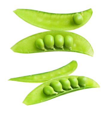 Kırpma yolu olan yeşil bezelyeler, beyaz arkaplanda gölge yok, yemek malzemesi