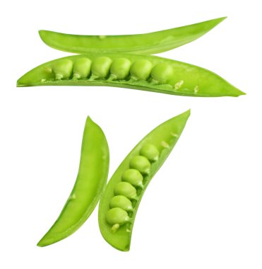 Kırpma yolu olan yeşil bezelyeler, beyaz arkaplanda gölge yok, yemek malzemesi