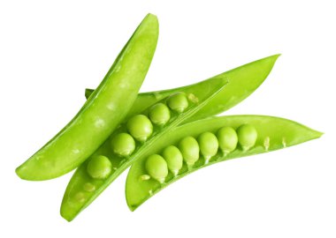 Kırpma yolu olan yeşil bezelyeler, beyaz arkaplanda gölge yok, yemek malzemesi