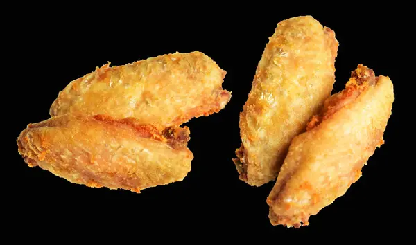 Fried Chicken Wing Isolated Clipping Path Shadow Black Background Fast — Stock Photo, Image