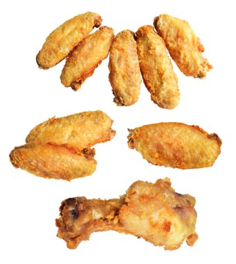 Kızarmış tavuk kanadı kırpma yolu ile izole edilmiş, beyaz arka planda gölge yok, fast food