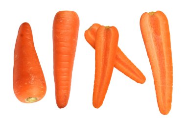 Kesme yolu olan havuç, beyaz arka planda gölge yok, taze çiğ sebze.