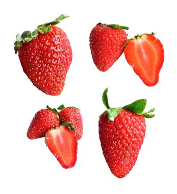 Kesme yolu olan çilek. Beyaz arka planda gölge yok. Sağlıklı taze meyve, çiğ kırmızı çilek.