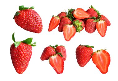 Kesme yolu olan çilek. Beyaz arka planda gölge yok. Sağlıklı taze meyve, çiğ kırmızı çilek.