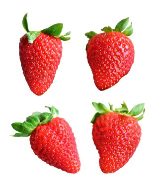 Kesme yolu olan çilek. Beyaz arka planda gölge yok. Sağlıklı taze meyve, çiğ kırmızı çilek.