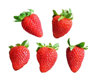 Kesme yolu olan çilek. Beyaz arka planda gölge yok. Sağlıklı taze meyve, çiğ kırmızı çilek.