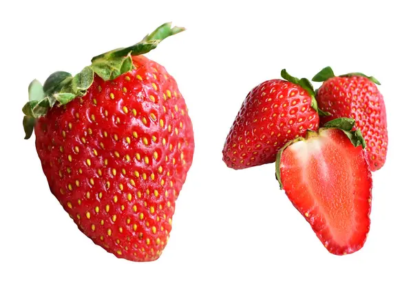 草莓与剪枝路径隔离 无白色背景阴影 健康新鲜水果 生红草莓 — 图库照片