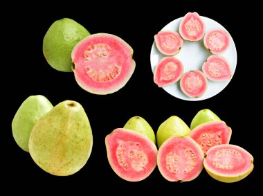 Pembe ya da kırmızı Gauva meyvesi siyah arka planda kırpma yolu ile izole, gölgesiz, sağlıklı tropikal taze meyve