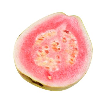 Pembe ya da kırmızı Gauva meyvesi beyaz arka planda kırpma yolu ile izole, gölgesiz, sağlıklı tropikal taze meyve