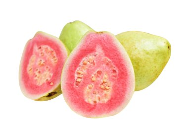 Pembe ya da kırmızı Gauva meyvesi beyaz arka planda kırpma yolu ile izole, gölgesiz, sağlıklı tropikal taze meyve