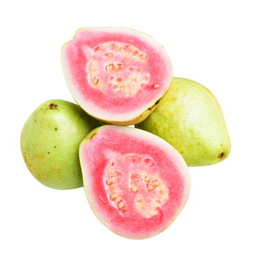 Pembe ya da kırmızı Gauva meyvesi beyaz arka planda kırpma yolu ile izole, gölgesiz, sağlıklı tropikal taze meyve