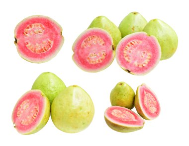 Pembe ya da kırmızı Gauva meyvesi beyaz arka planda kırpma yolu ile izole, gölgesiz, sağlıklı tropikal taze meyve