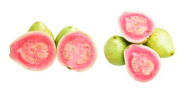 Pembe ya da kırmızı Gauva meyvesi beyaz arka planda kırpma yolu ile izole, gölgesiz, sağlıklı tropikal taze meyve