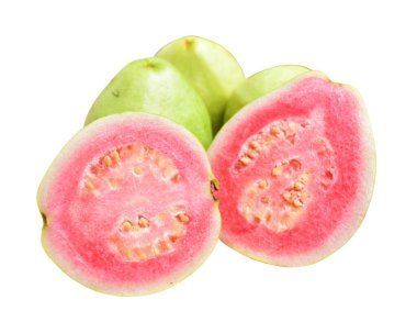 Pembe ya da kırmızı Gauva meyvesi beyaz arka planda kırpma yolu ile izole, gölgesiz, sağlıklı tropikal taze meyve