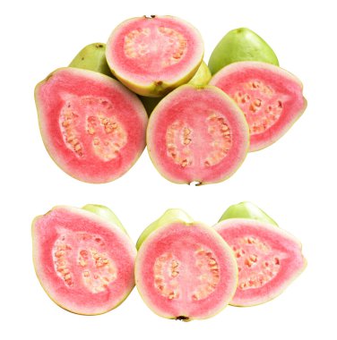 Pembe ya da kırmızı Gauva meyvesi beyaz arka planda kırpma yolu ile izole, gölgesiz, sağlıklı tropikal taze meyve