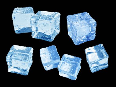 Kesme yolu olan mavi buz küpü siyah arkaplanda gölge yok, kristal