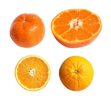 Turuncu ve mandalina meyvesi beyaz arka planda kırpma yolu ile izole, gölge yok, sağlıklı meyve dilimleri