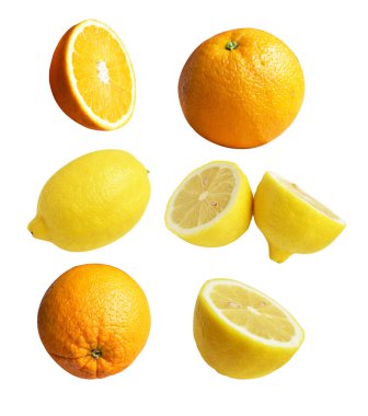 Sarı limon ve portakal meyvesi siyah arka planda kırpma yolu ile izole edilmiş, gölge yok, sağlıklı meyve dilimleri