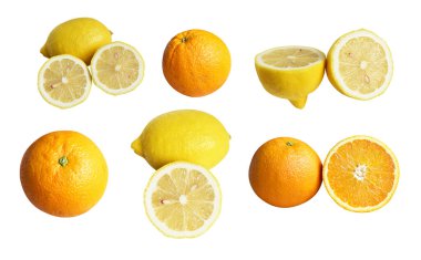 Sarı limon ve portakal meyvesi siyah arka planda kırpma yolu ile izole edilmiş, gölge yok, sağlıklı meyve dilimleri