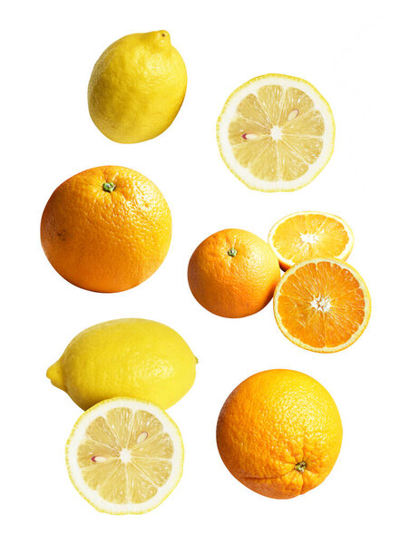 Yellow lemon and orange fruit isolated with clipping path in black background, no shadow, healthy fruit slices