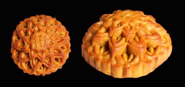 Ay pastası siyah arka planda izole edilmiş, kırpma yolu yok, gölge yok, Çin Sonbahar Festivali